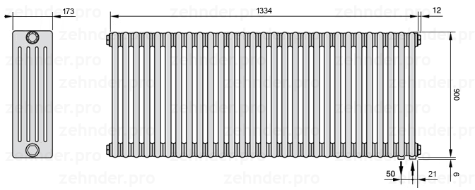 Схема (чертеж) Радиатор Zehnder Charleston 5090/29 №5510 Белый глянцевый RAL 9016